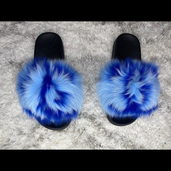 Blue Chanel Theme Fur Slides - Picture 1 of 1